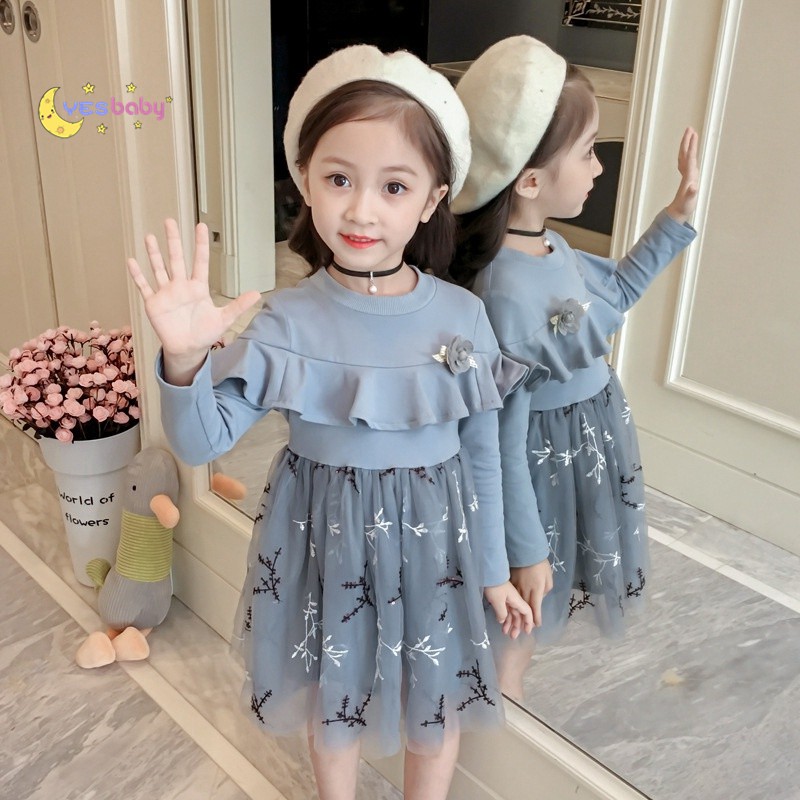 Yesbaby Dress Princess Korea Anak Perempuan Lengan Panjang Desain Sambungan Rok Tutu