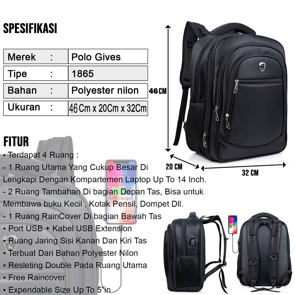 POLO GIVES - Tas Ransel Kerja Pria POLO Original Import 18inch Free Kabel USB + Raincover - Kreativo