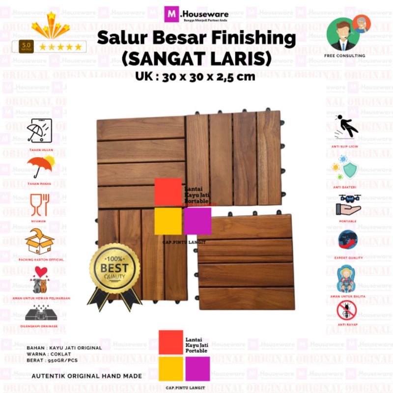 Lantai kayu jati Bongkar pasang Motif Salur Besar - Decking Tile Portable 4ply uk 30x30cm