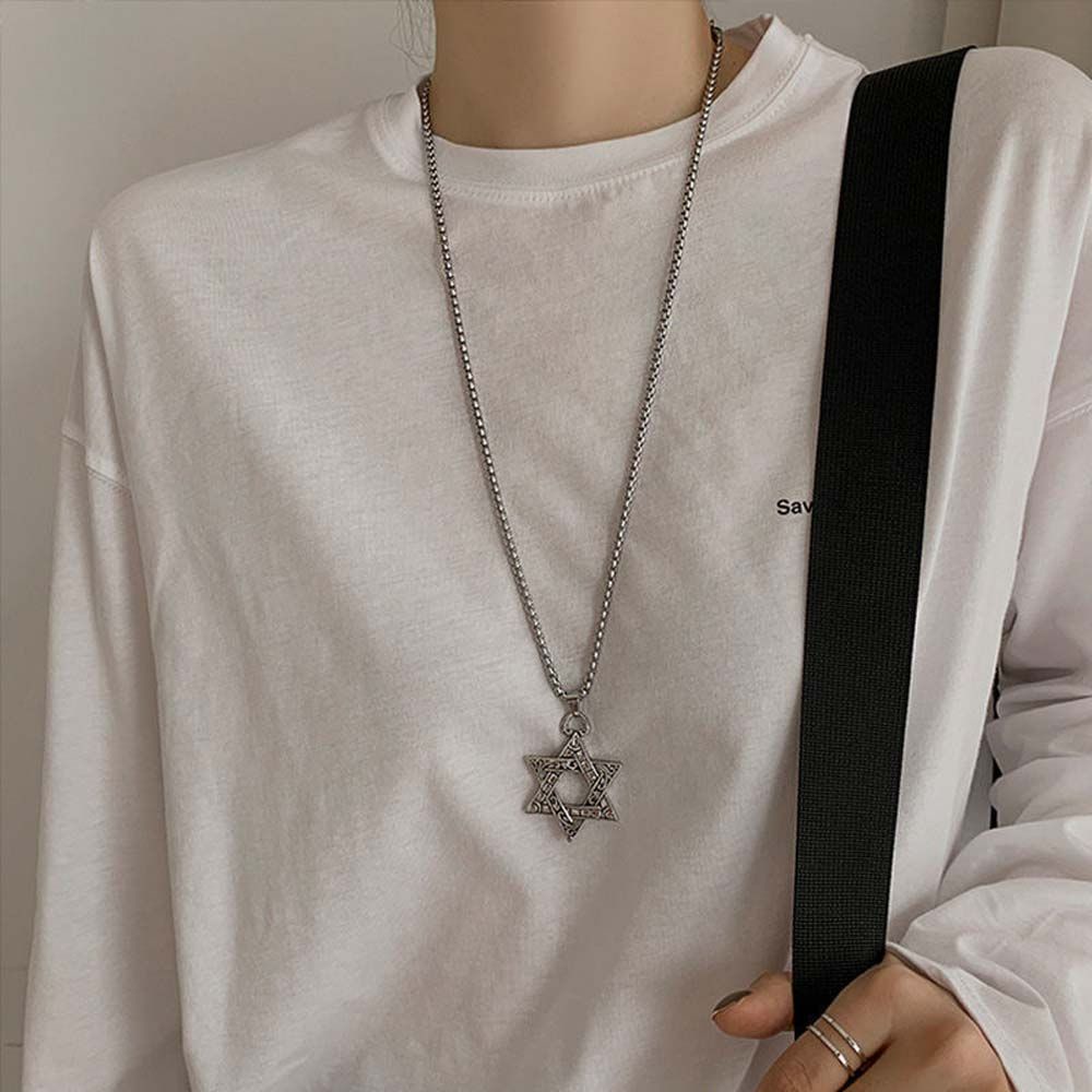 Needway  Vintage Men's Necklace Cold Locomotive Accessories Six-pointed Star Necklace Wind Male Geometric Personality Simple Hip Hop Fashion Jewelry/Multicolor