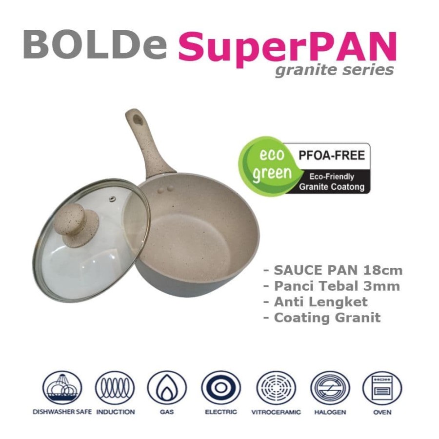 Bolde Sauce Pan 18cm Dengan Lapisan Granit Anti Lengket Dan Tutup kaca