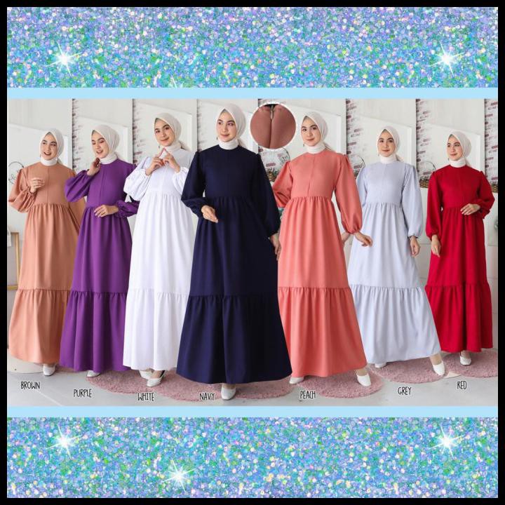 Lengan Balon Gamis Malika Busui Maxi Dress Baju Muslim Lebaran Terbaru - Putih
