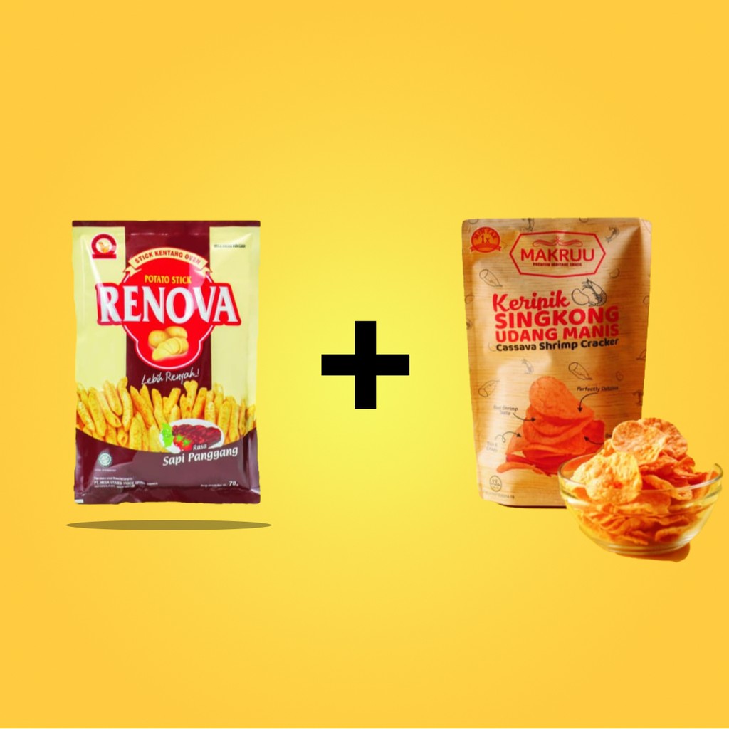 

Paket Renova + Makruu Keripik Singkong Udang Manis
