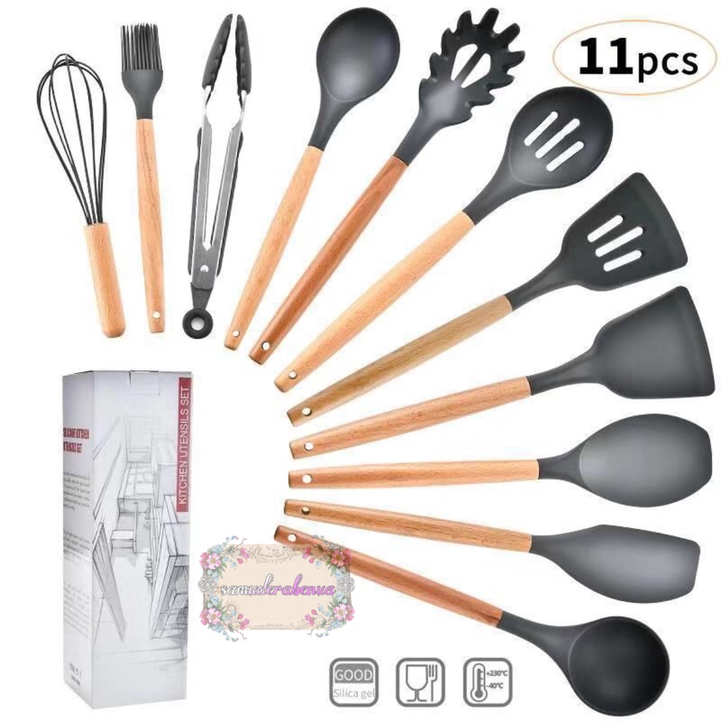 RT82 Kitchen Utensil Silicone wood 12pcs Set Peralatan Dapur Masak Baking Sutil Spatula Sendok Silikon Set Alat Masak 11 in 1 gagang kayu SB3466