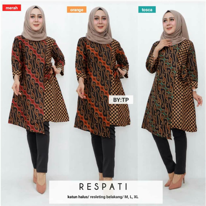 Tunik Respati Kotak Mozaik Layer Kombinasi Batik Sogan Modern Midi Casual Kerja Seragam Kantor Sogan