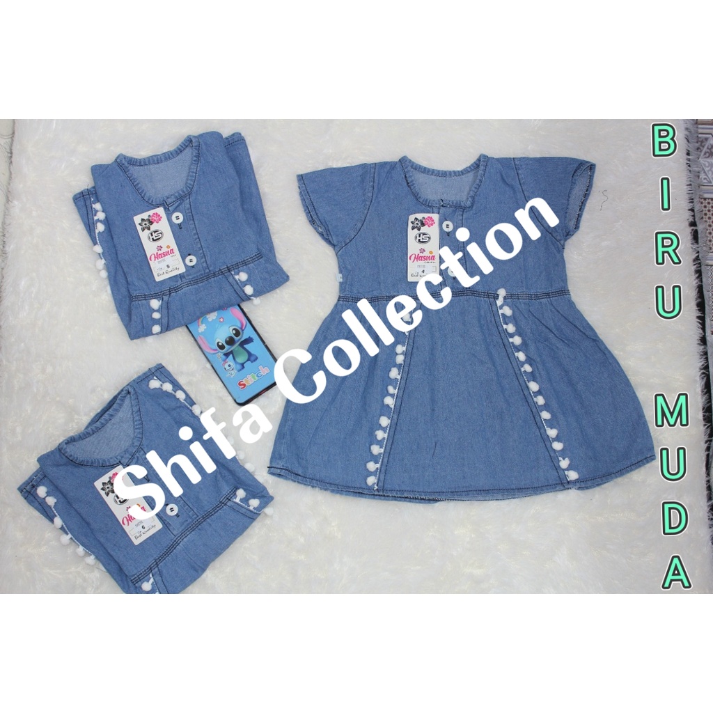 Baju Dress Jeans / Baju Dress Anak Perempuan Bahan Jeans Sakuratex 6,5 Ons Ukuran 4.5.6. usia 1-3 tahun