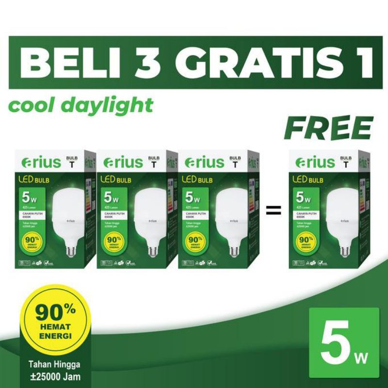 Arius Lampu LED Bulb Kapsul Hemat Energi Bergaransi/ Bohlam LED Kapsul 5Watt 3 Free 1