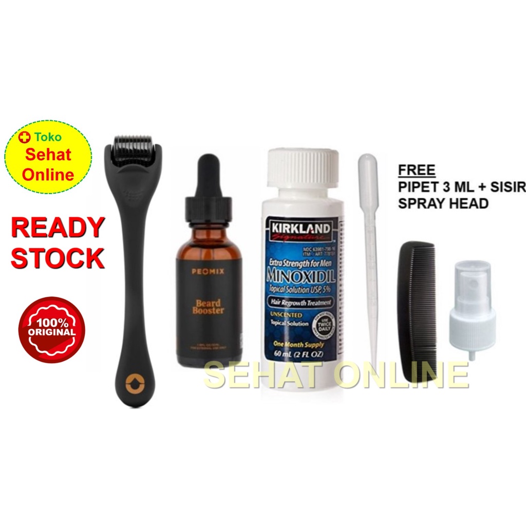 Paket Kirkland Minoxidil 60 ml + Peomix Beard Booster + Dermaroller