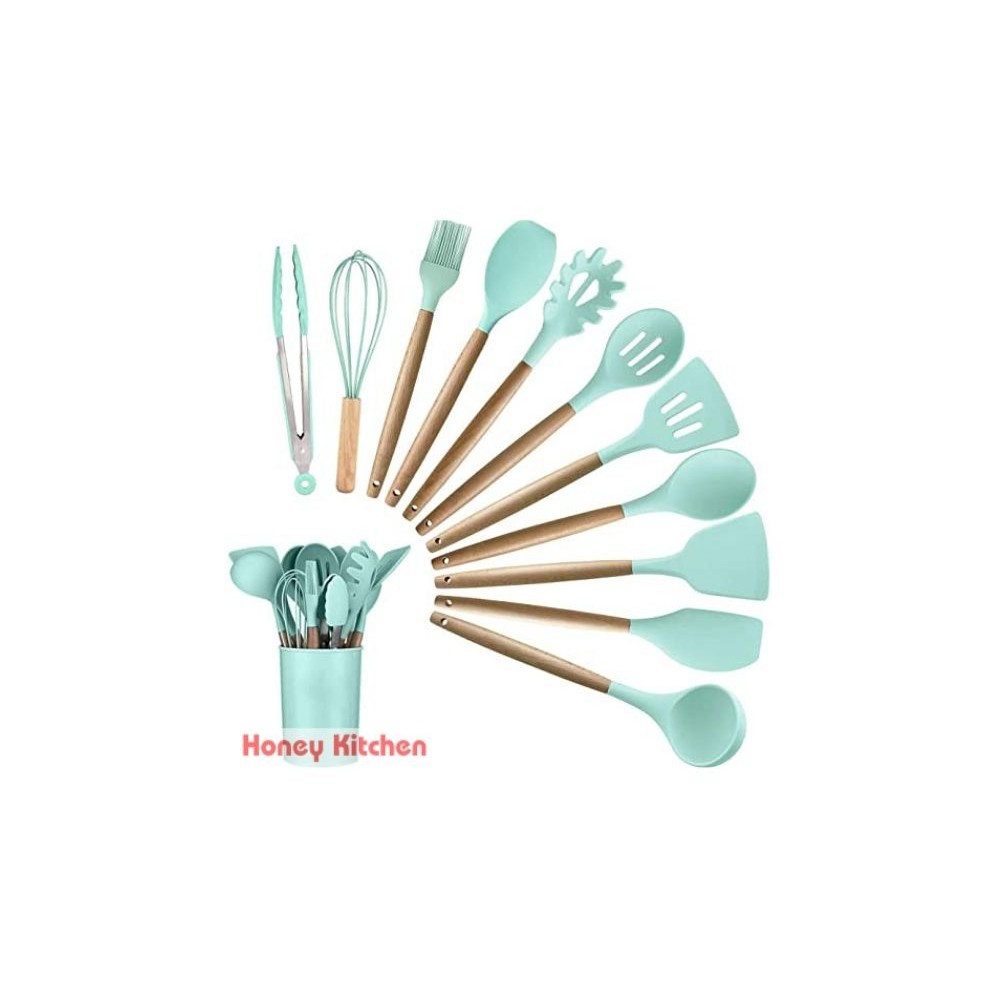 HONEY KITCHEN PREMIUM SILICONE KITCHEN UTENSIL SET 11 PCS GAGANG KAYU