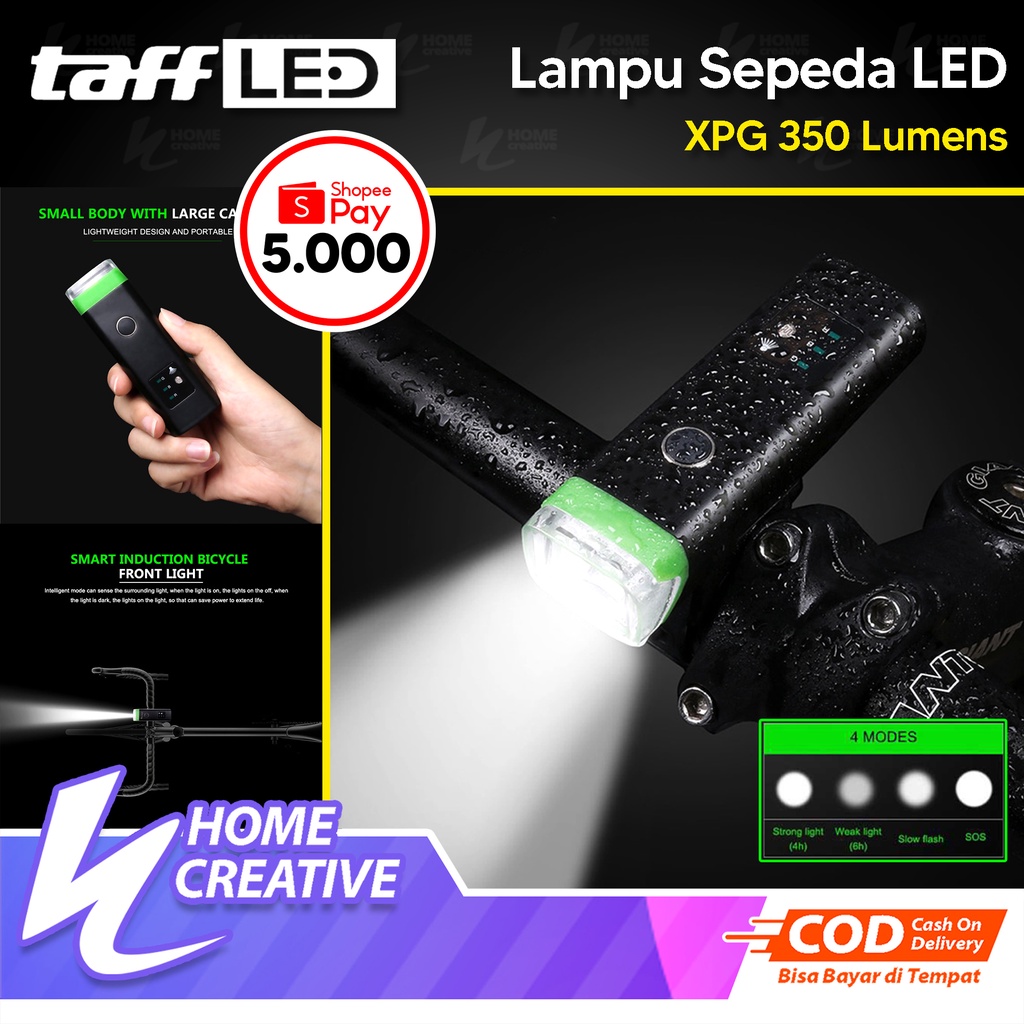 TaffLED Lampu Sepeda LED BONUS SHOPEEPAY 5000 USB Rechargeable XPG 350 Lumens