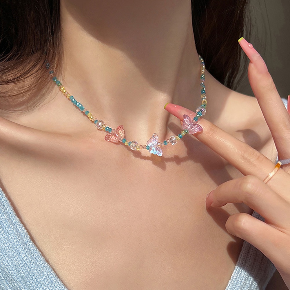 Kalung Rantai Klavikula Hias Manik-Manik Kupu-Kupu Kristal Warna-Warni Untuk Wanita