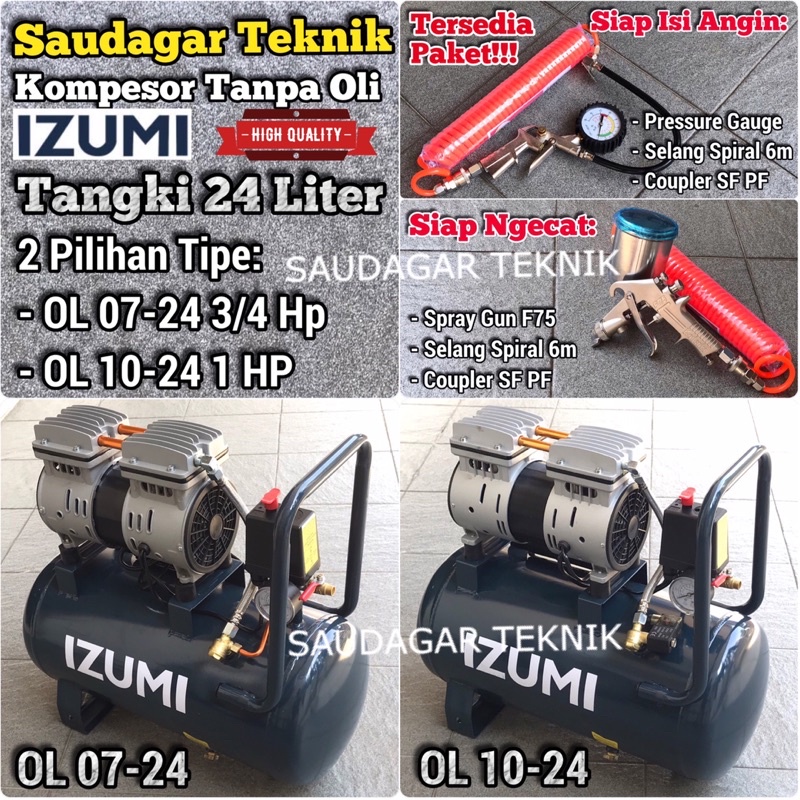 Izumi OL 0724 OL 1024 Mesin Kompresor Angin Silent Oiless Tanpa Oli 3/4 Hp 1 Hp 24 Liter Izumi