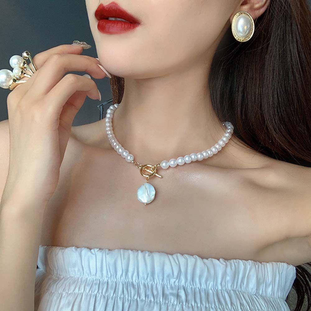 Mxbeauty Berlapis Ganda Chocker Koin Liontin Manis Perempuan Perhiasan Pesta Mutiara Imitasi Pendek Kalung Grils Hadiah Mutiara Klavikula Rantai