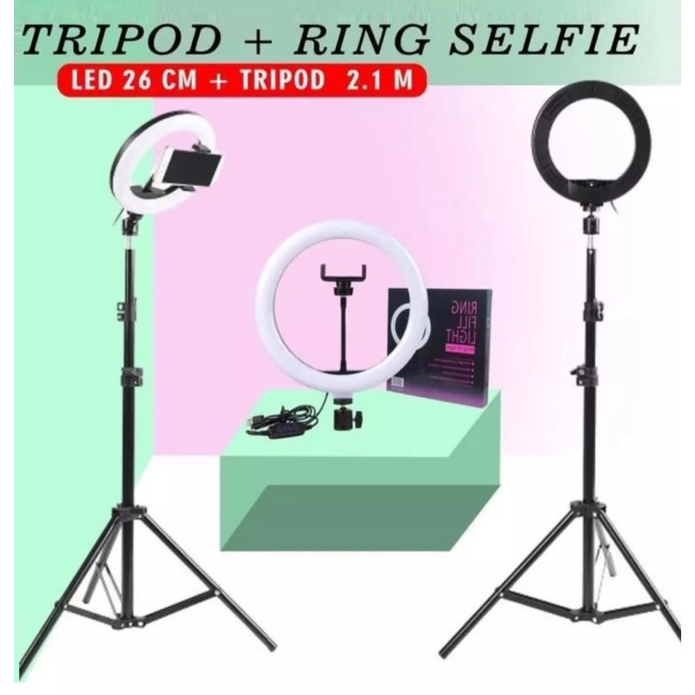 Paket Komplit Lampu Ring Fill Light 26 CM Plus Tripod 210 CM Plus Holder Phone-Tripod 210 Cm+Ring Light Selfie-Vlogger-Youtebe-Live Streaming 1 Set Ring Light Besar 26CM