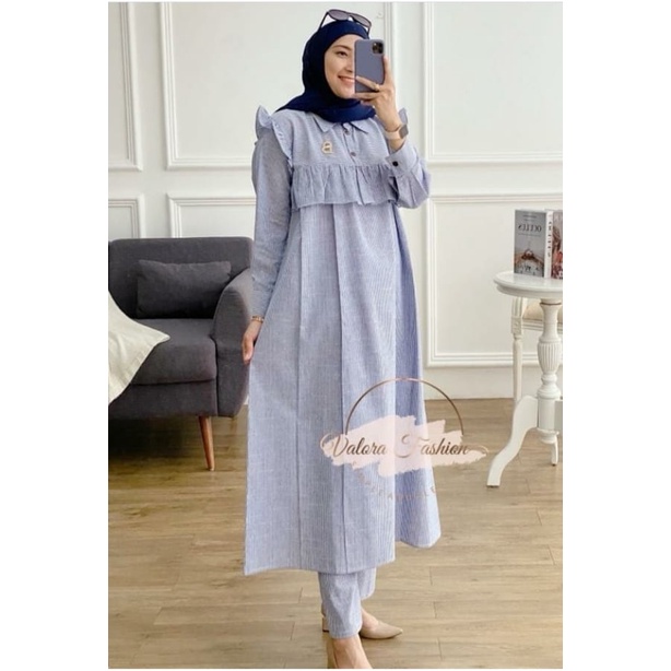 One Set Tunik Celana - Valora 2 Biru / Oneset Tunik Pesta Mewah Elegan / Oneset Tunik Celana Lebaran