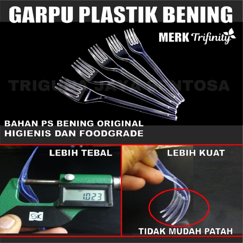 Garpu Makan Plastik Trifinity Panjang Kuat Tebal Murah Bening atau Hitam atau Putih Per Dus Gjk