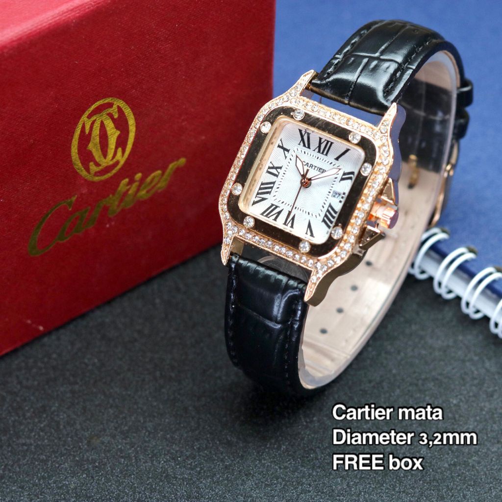 Best ( COD ) Jam Tangan Wanita Cartier DIamond 60779 YK Tanggal Aktif Strap Kulit Free Baterai Box