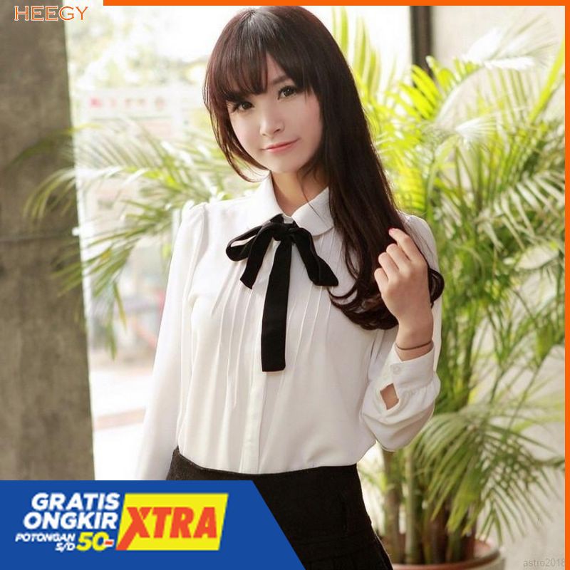 Blouse Elegan Bahan Sifon Aksen Pita Warna Putih Gaya Wanita Korea
