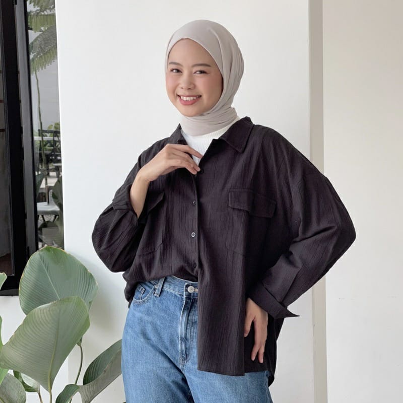 Tq88indonesia Fashion Baju Kemeja Wanita Lengan Panjang Terbaru /  CLOVER POCKET LINEN SHIRT / Hem / Kem / Busana Casual Cewek / Ootd Kekinian / Outfit