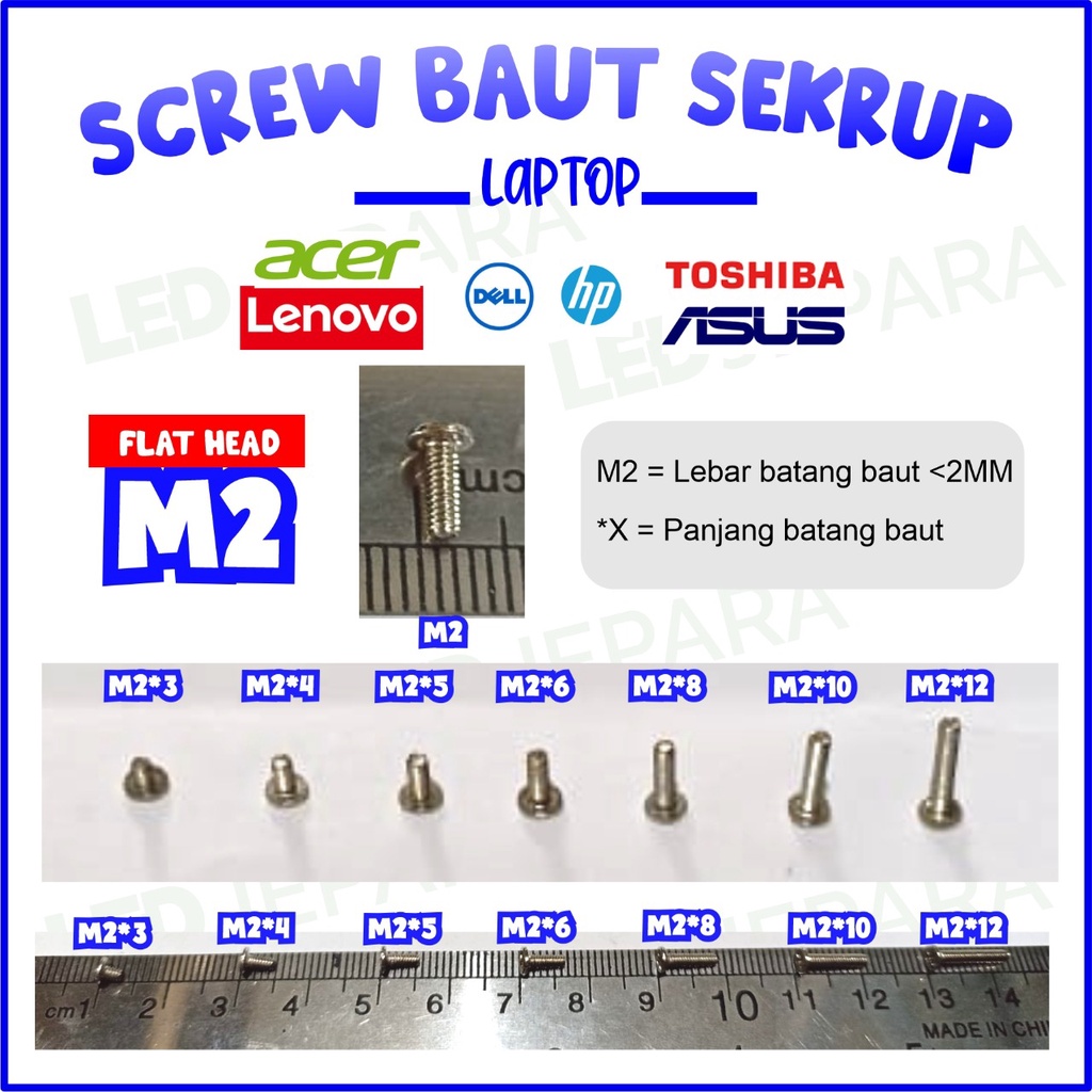 Baut Flat Laptop warna silver warna hitam HP Screw cocok untuk semua Laptop Asus Sekrup Laptop Lenovo Skrup  Notebook Flat Head Baut Kepala Datar Warna HItam Chrome