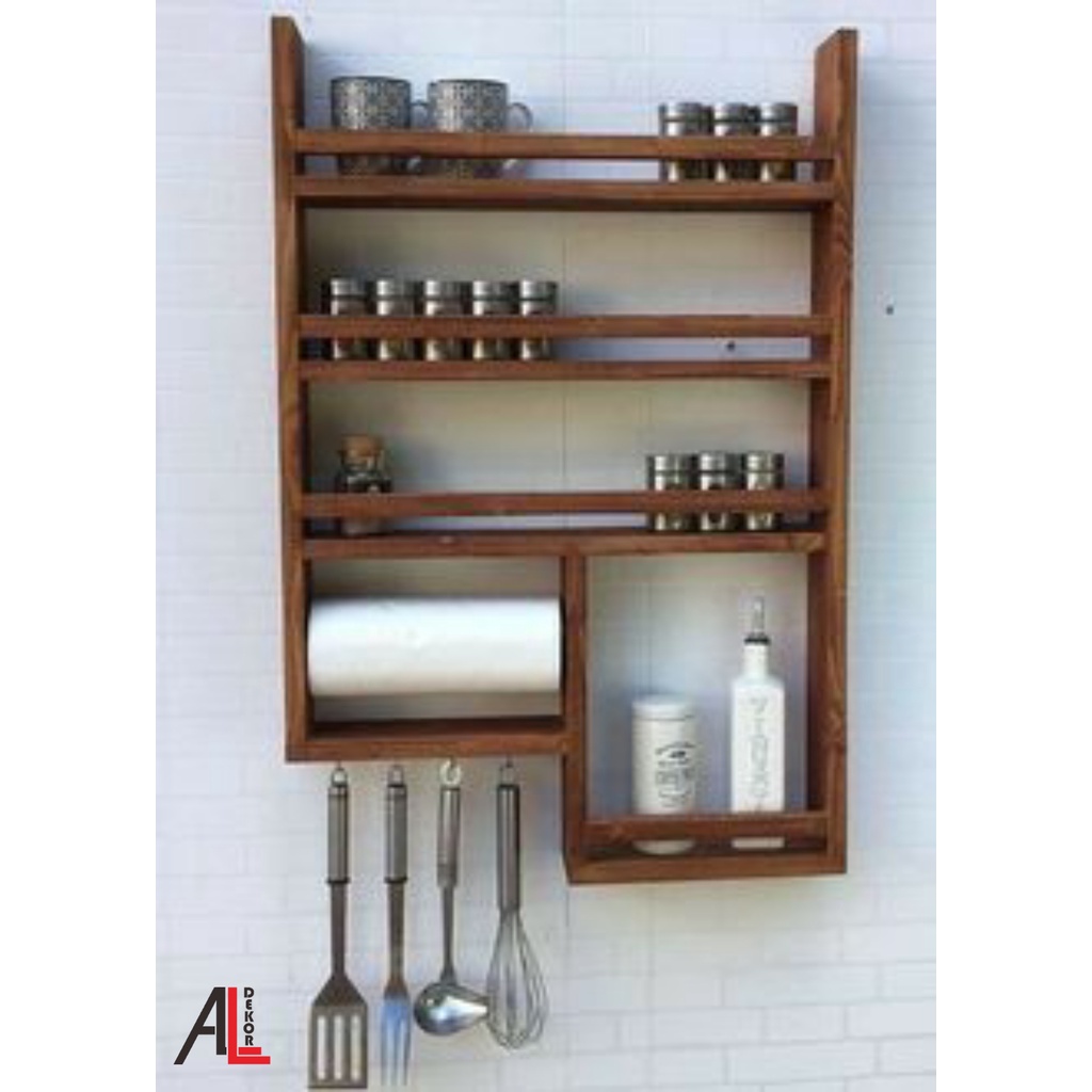 RAK BUMBU KAYU SUSUN 4 TINGKAT + TEMPAT TISU KAYU JATI BELANDA / PINUS