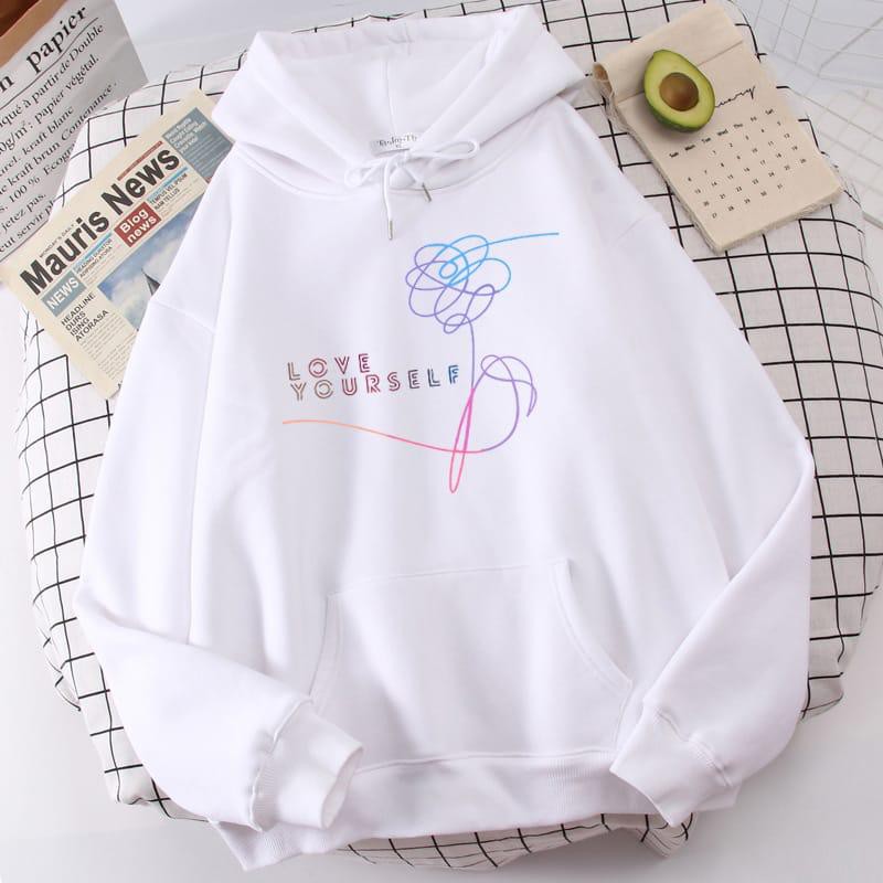 LOVE YOURSELF Sweater Hoodie Wanita Bahan Fleece-Putih