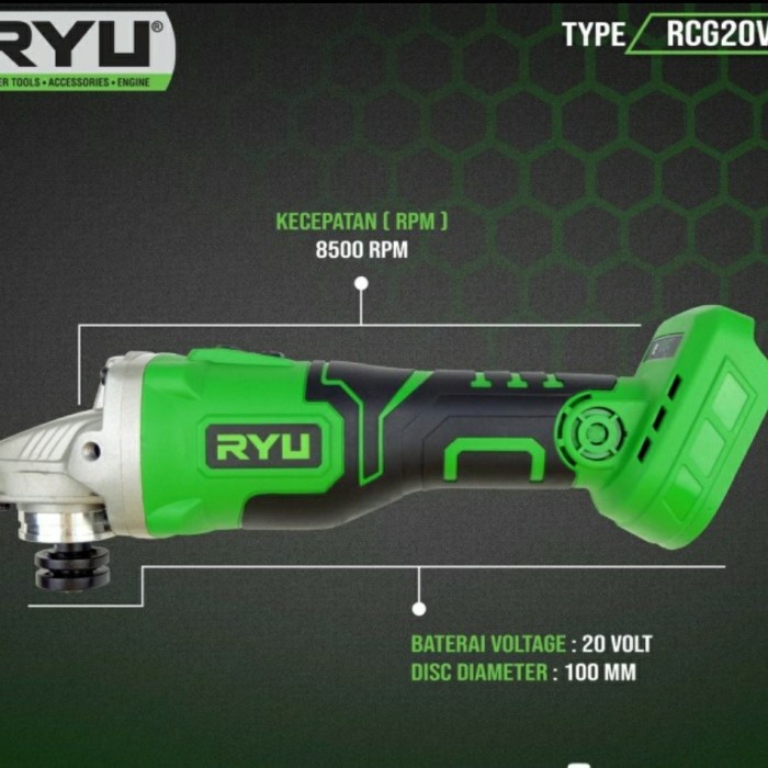 GRATIS ONGKIR !! Mesin Gerinda Baterai Tangan-MESIN GERINDA / Cordless Angle Grinder - RYU RCG 20V Gerinder Cordless - Gerinda Baterai RYU 20V