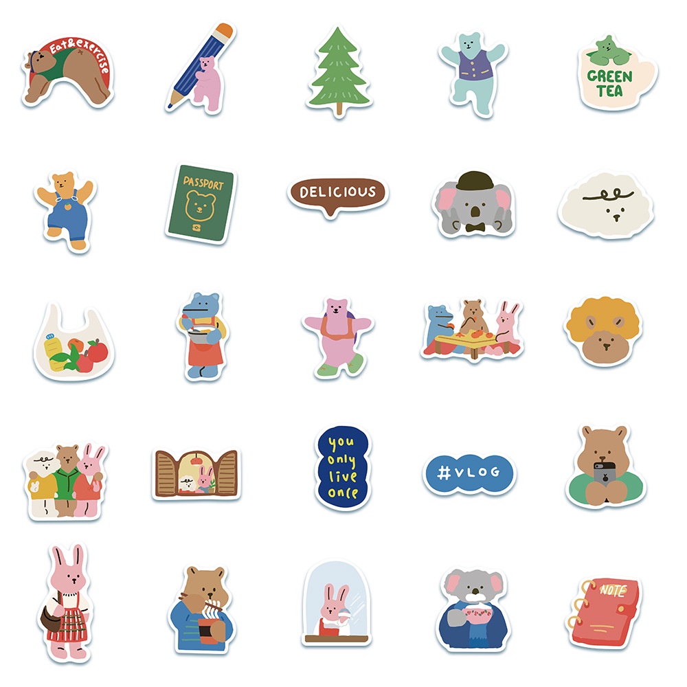 50 Pcs Korean Style Cartoon Bear Rabbit Tree Design  Reusable Stickers For Notebook Diary Decoration