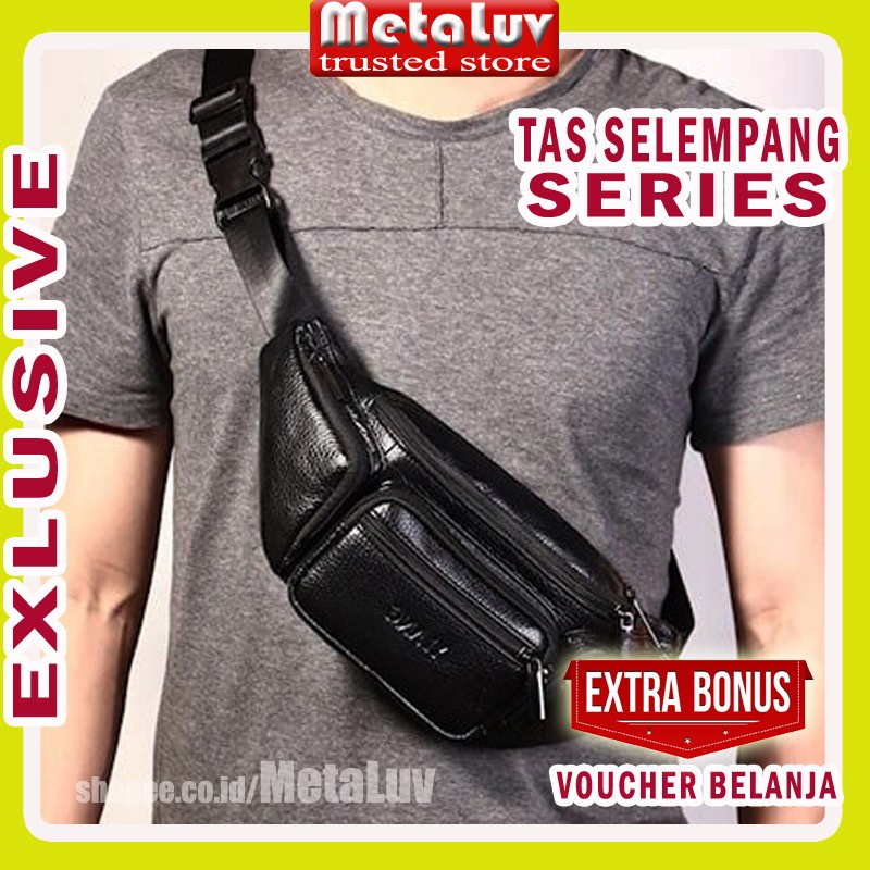 Tas Pinggang Pria Kulit PU Coklat Hitam HP Tebal Waistbag Cowok Bisa di Bahu Distro Tad Weisbag Laki