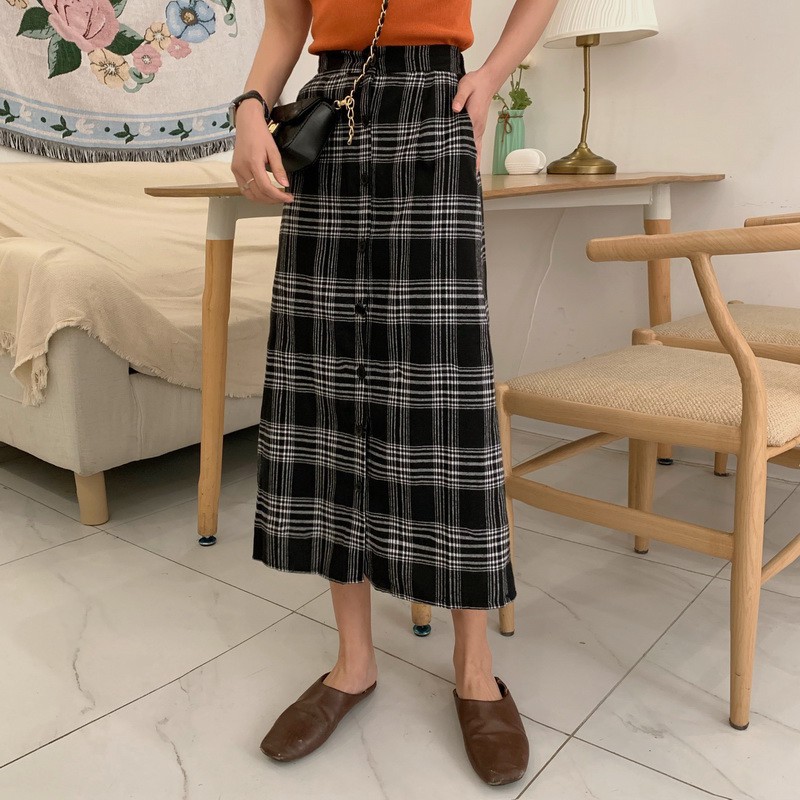 rok kotak-kotak retro Midi skirt A-line high waist