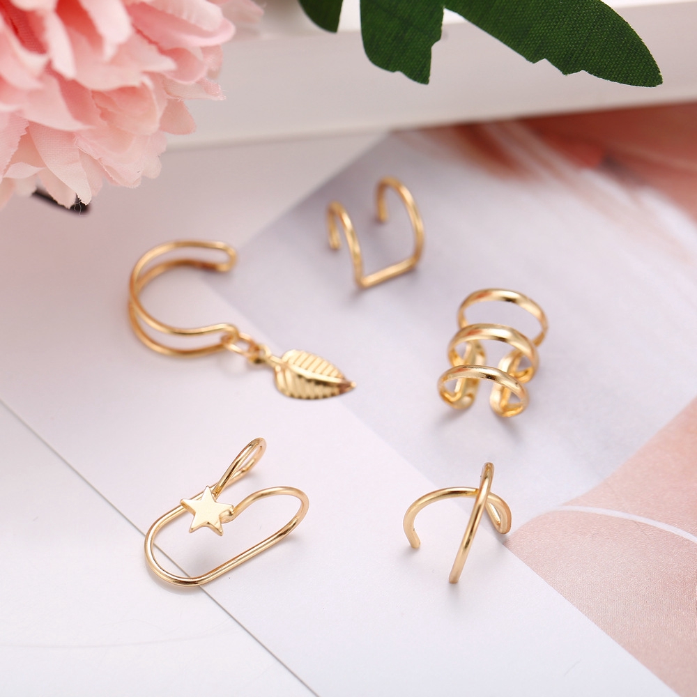 AY(CN) 5 Pcs / Set Anting Stud Tulang Rawan Telinga Bentuk C Ganda Tanpa Lubang