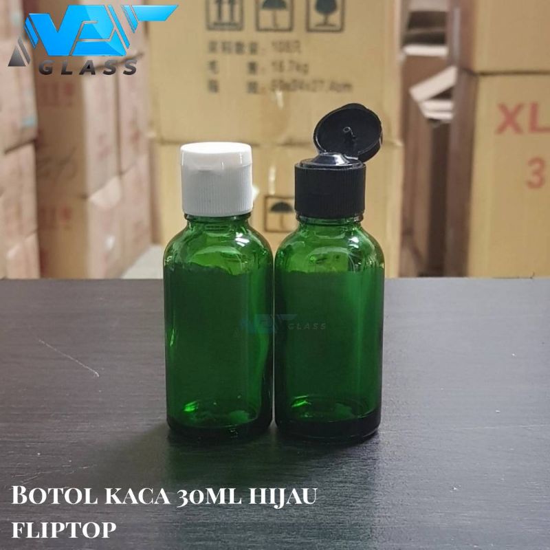 botol kaca 30ml tebal hijau tutup fliptop