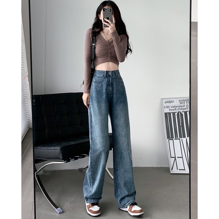 Biru retro korean style kekinian import loose straight celana jeans panjang wanita