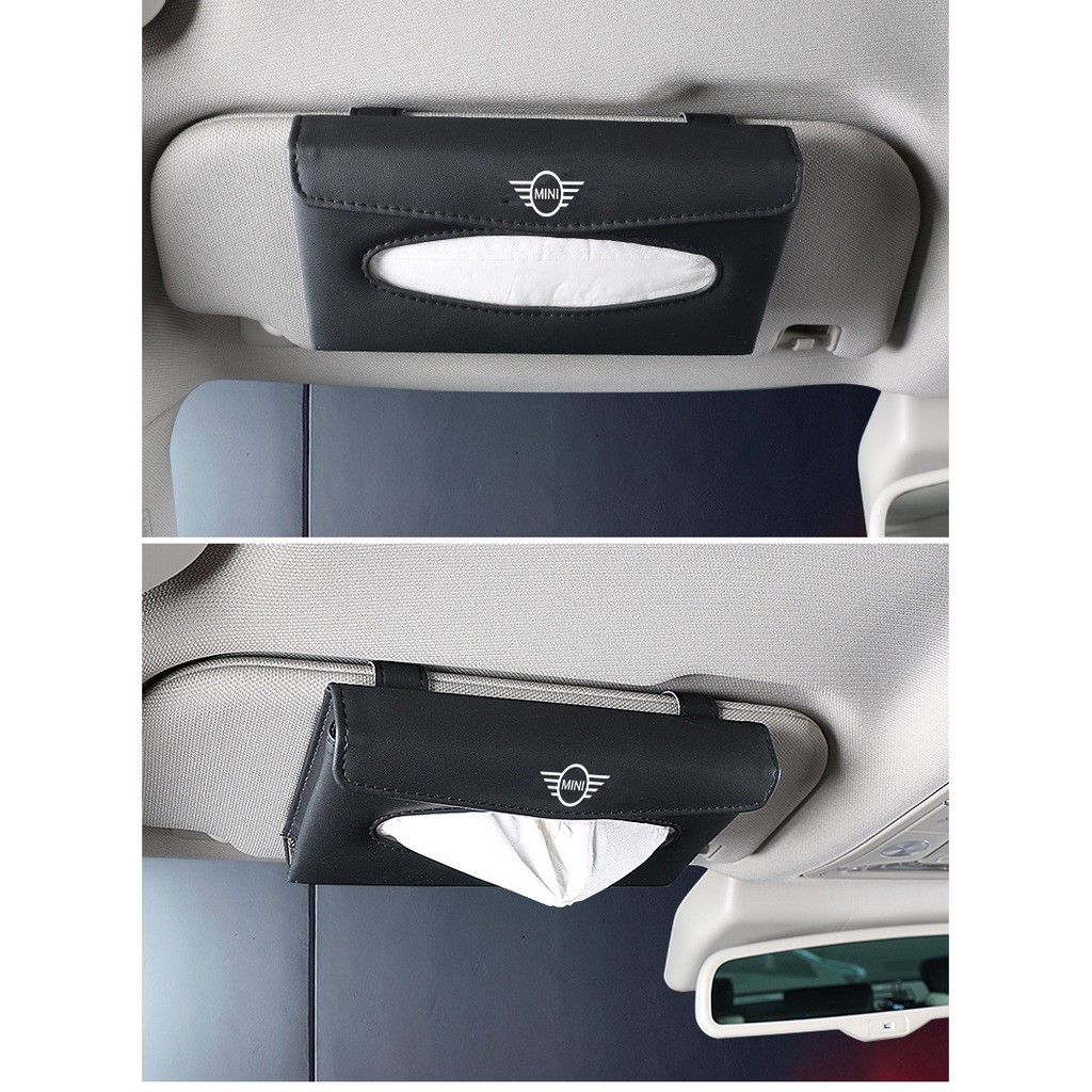 Kualitas Tinggi Universal Pelindung Matahari Mobil Tissue Box Holder PU Kulit Kotak Tisu Cover Case Aksesoris untuk Logo Mini Cooper Countryman Clubman Mini Cooper S One d F54 F56 F60 R56 R60