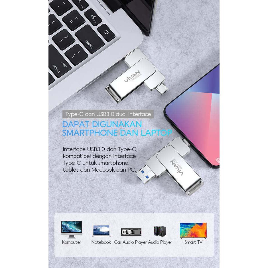 Flashdisk Vivan VOC132 Flasdisk HP 32GB Type-C Dan USB3.0 Dual Interface Silver