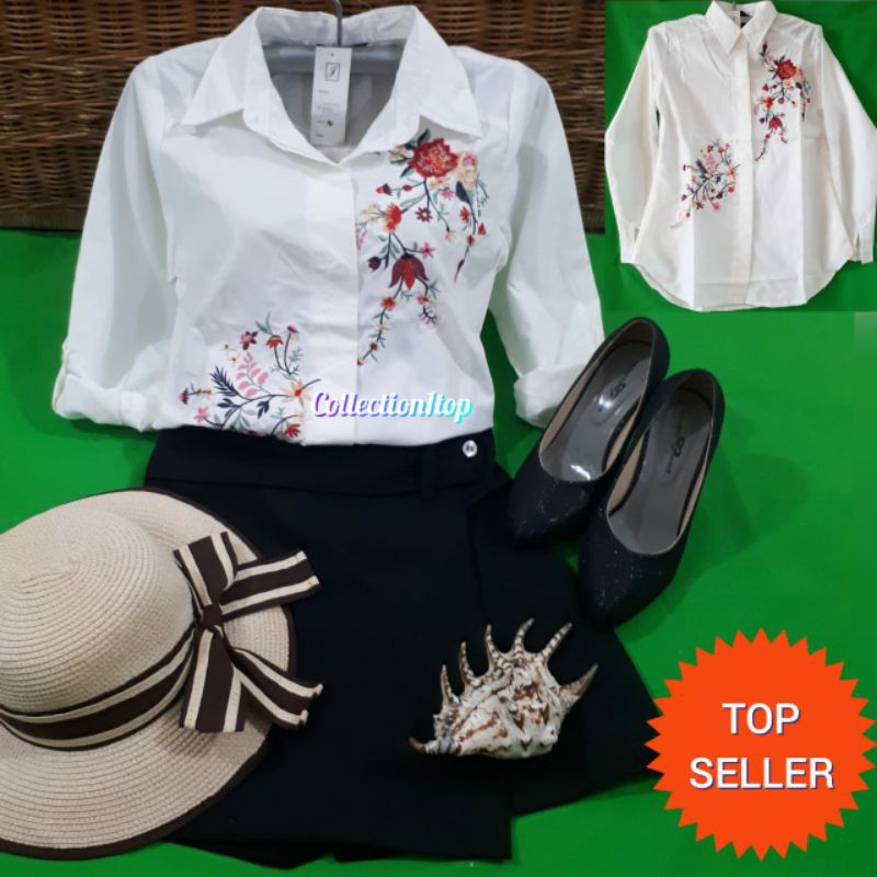 KEMEJA BORDIR BUNGA FASHION CEWEK KATUN PUTIH BORDIRAN IMPORT BKK FASHION WANITA BORDIR KOMPUTER SUL