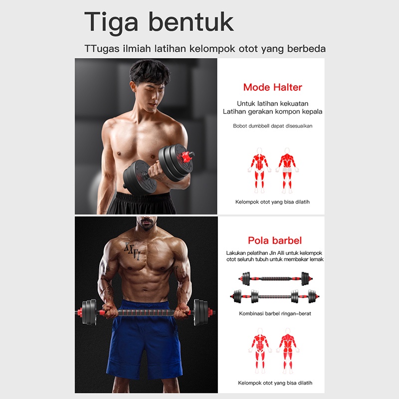 ketel bel 6 in 1 Dumbbell Barbel set peralatan fitness 20 kg bisa disambung Tiang Angkat