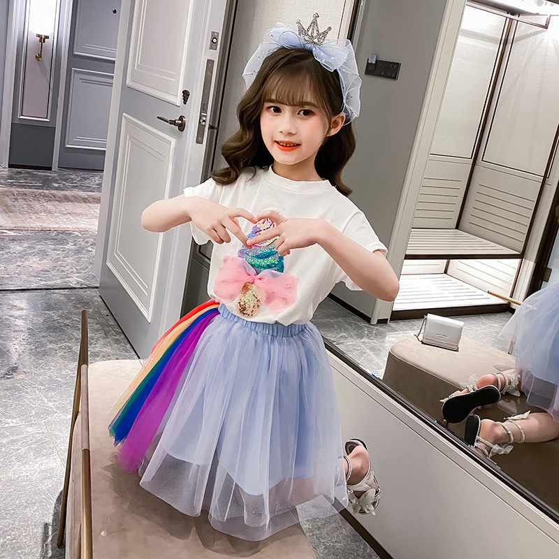 ICE CREAM SET BAJU SETELAN ROK TUTU ANAK RAINBOW KOREA IMPOR DAILY OUTFIT BAJU CASUAL ULANG TAHUN