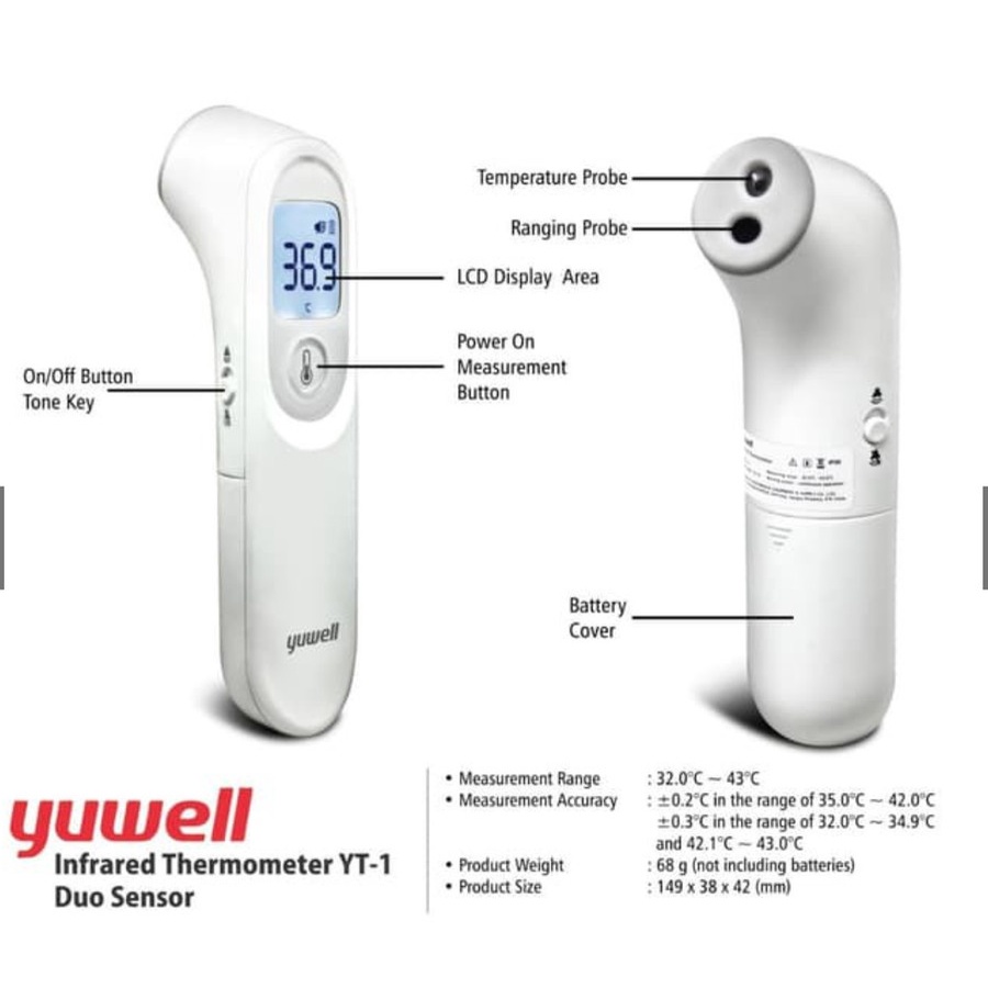 YUWELL Infrared Thermometer YT-1 Duo Sensor | Termometer Infrared | Thermometer Gun | Thermometer Tembak