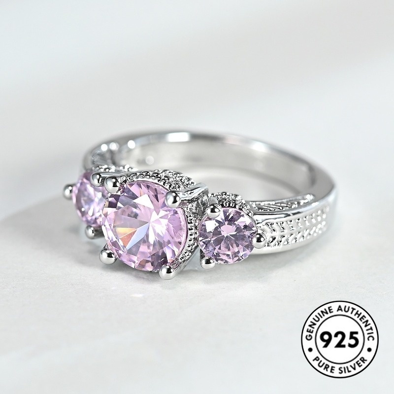 Cincin S925 Silver Aksen Berlian Warna Pink Gaya Klasik