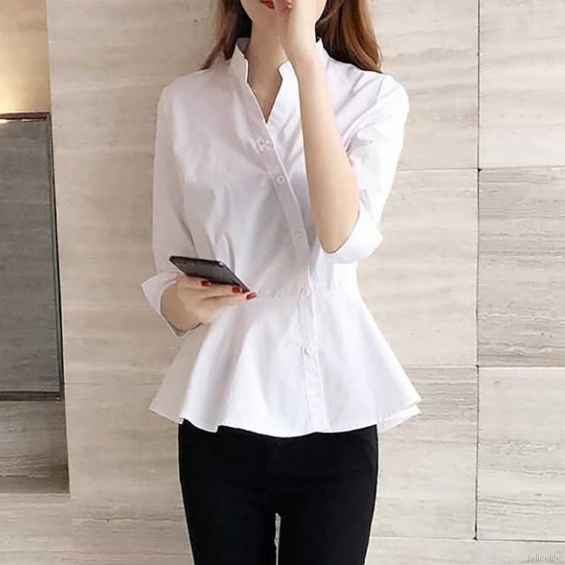 Blus Wanita Model Kancing Lengan 3 / 4 dengan Kerah V-Neck ...