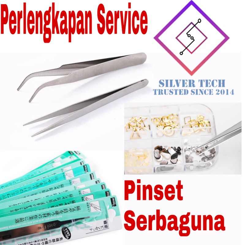 Silvertech Pinset Serbaguna Pinset Service Lurus dan Bengkok Pinset Besi Serbaguna