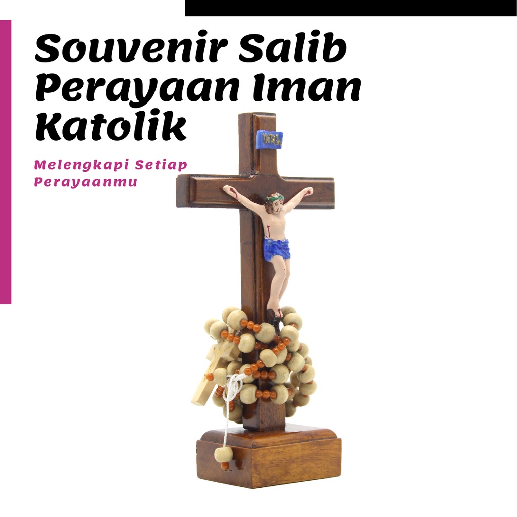 SOUVENIR KATOLIK SALIB DUDUK 15 CM + ROSARIO / SALIB MEJA KATOLIK / SALIB PATNG YESUS