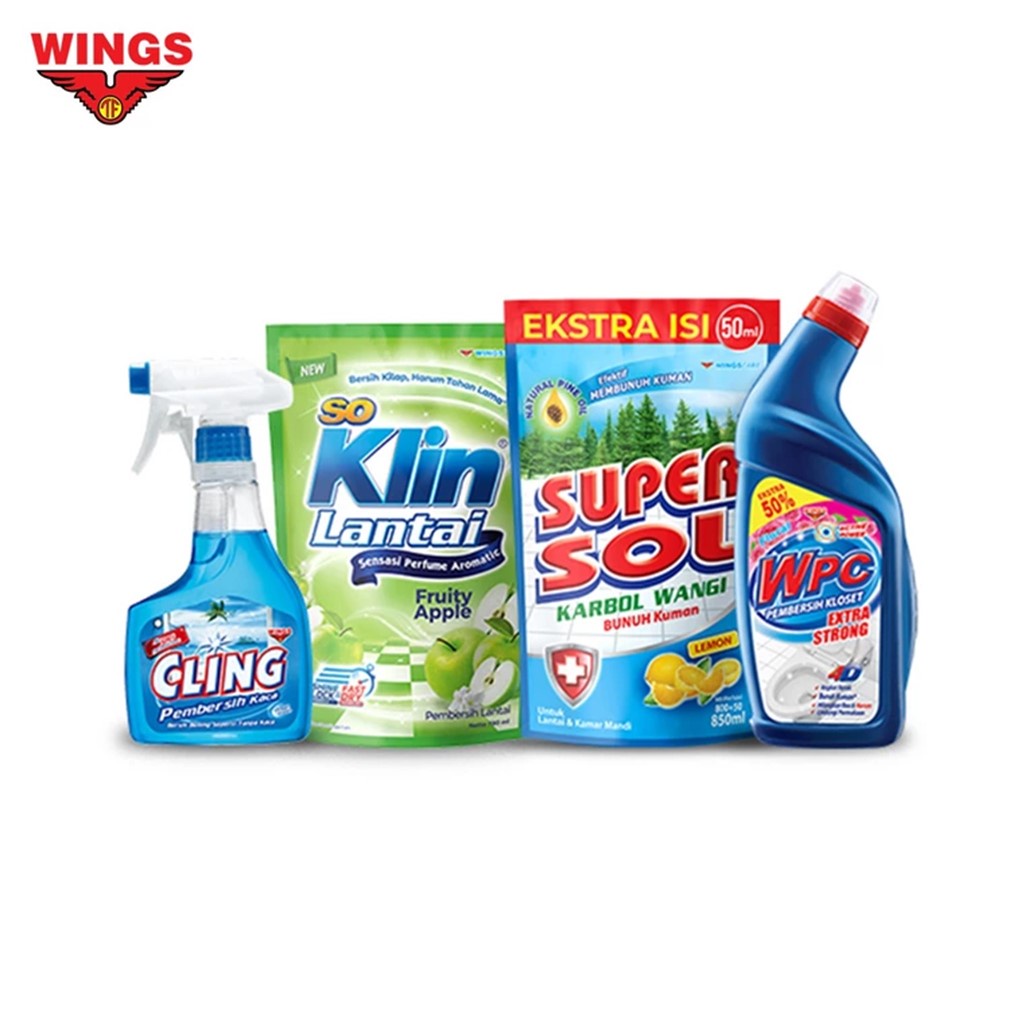 Cling Biru Botol + So Klin Lantai Hijau Muda + Supersol Carbol Pouch + WPC Pembersih Toilet