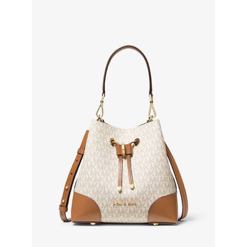 [ORIGINAL 100%] Michael Kors Mercer Bucket Bag Logo Medium/MK Shoulder Bag/MK Woman Bag-White Brown