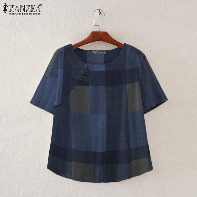 ZANZEA Womens Round Neck Check Plaid Short Sleeve Casual Loose Blouse