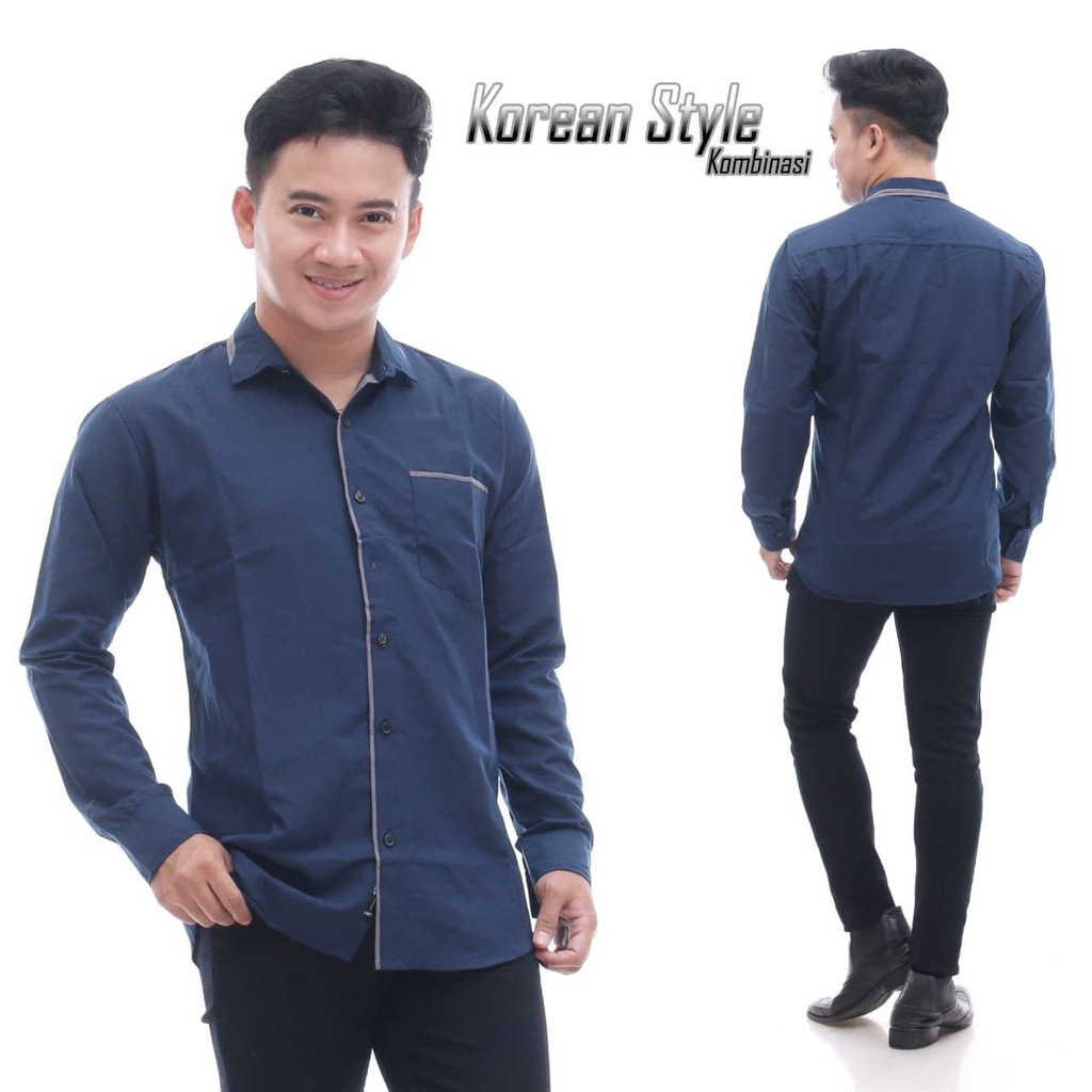 Kemeja Panjang / Kemaja Polos Kombinasi / Kemeja Slimfit / Kemeja Lengan Panjang / Kemeja Formal Navy / Kemeja korean style