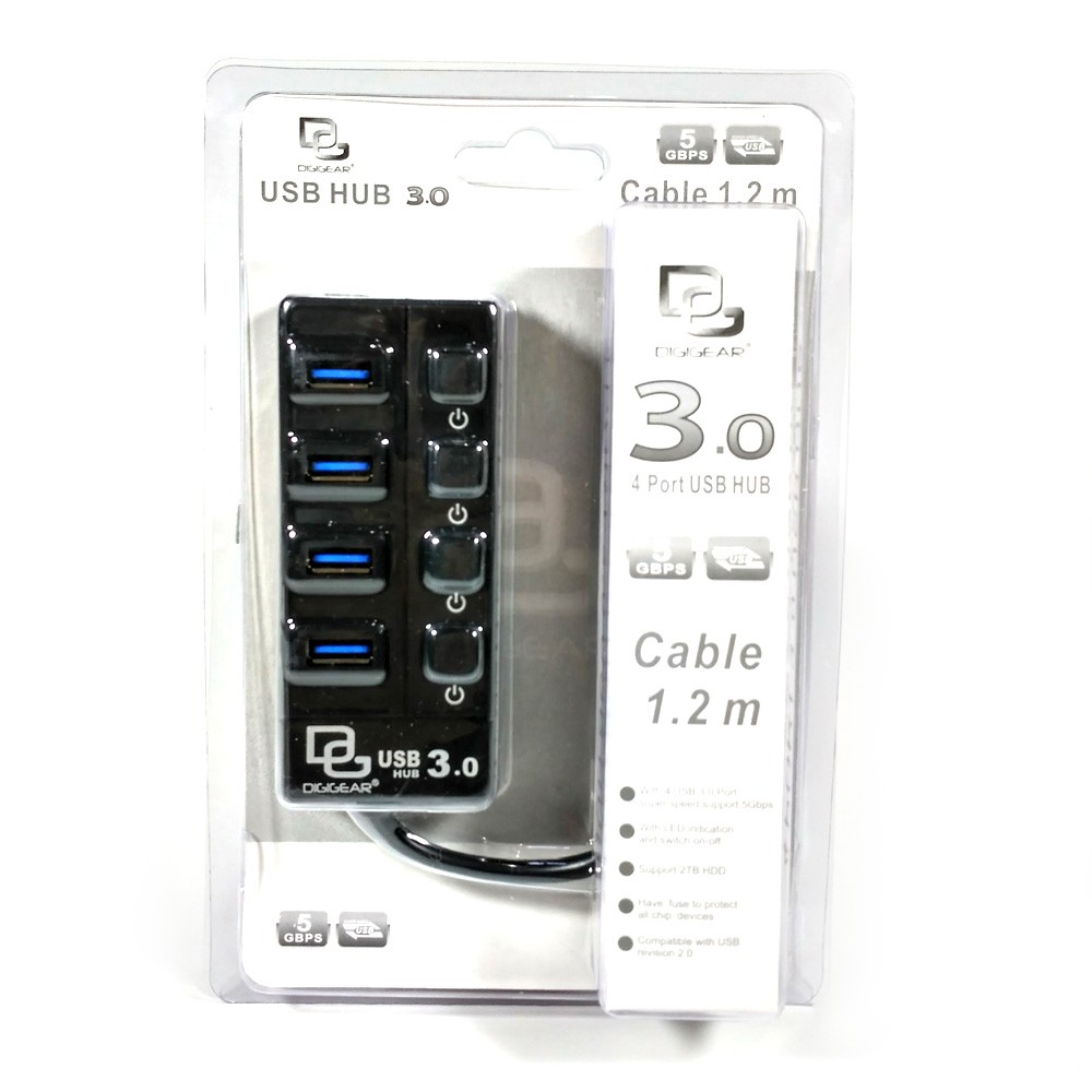 Digigear USB HUB 4 Port Kabel 1.2 meter on/off - USB 3.0