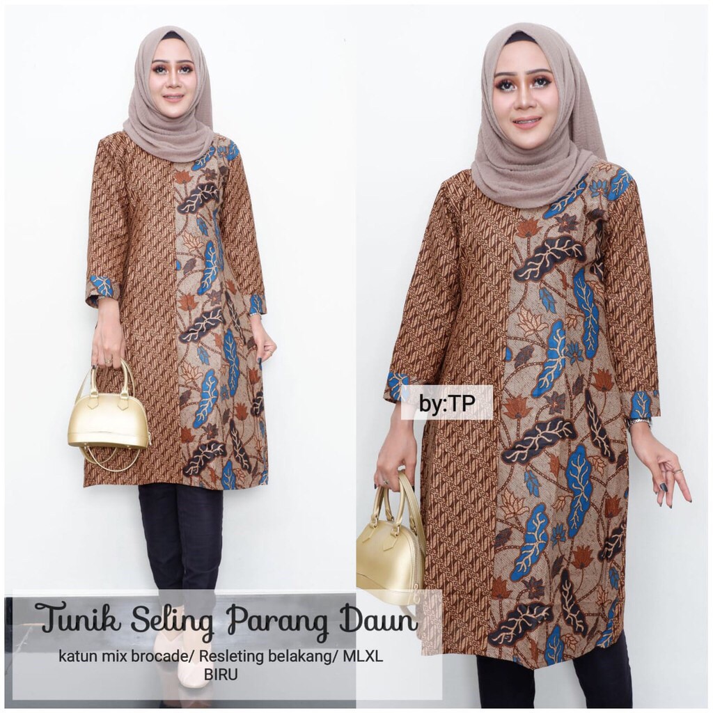 Tunik Seling Parang Daun Batik Sogan Modern Dress Casual Kerja Seragam