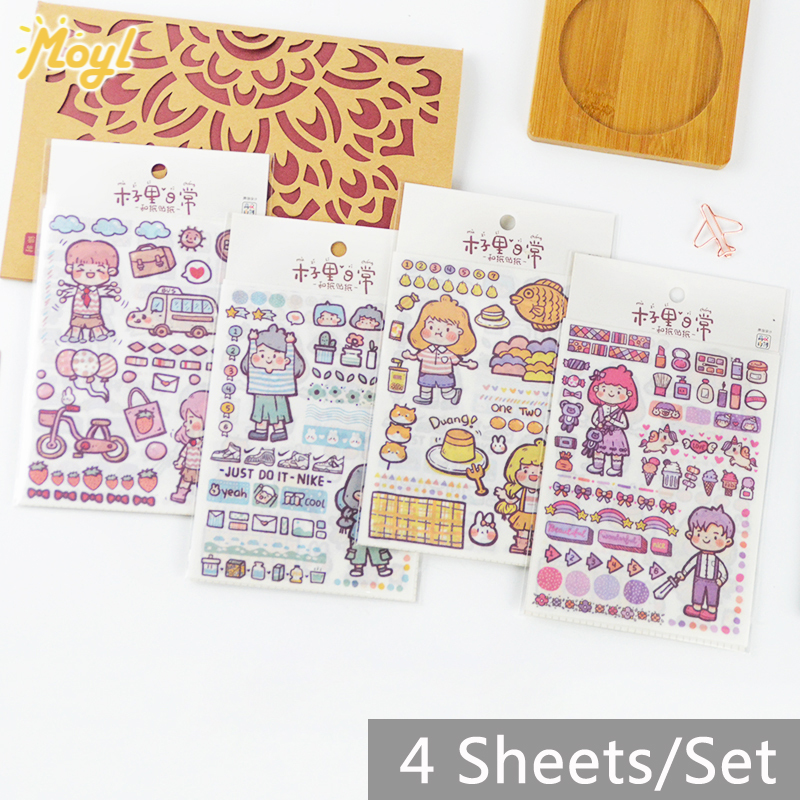 4 Sheets Creative Cartoon Girl Diary Decoration Sticker Handbook DIY Japanese Character Japanese Paper Sticker